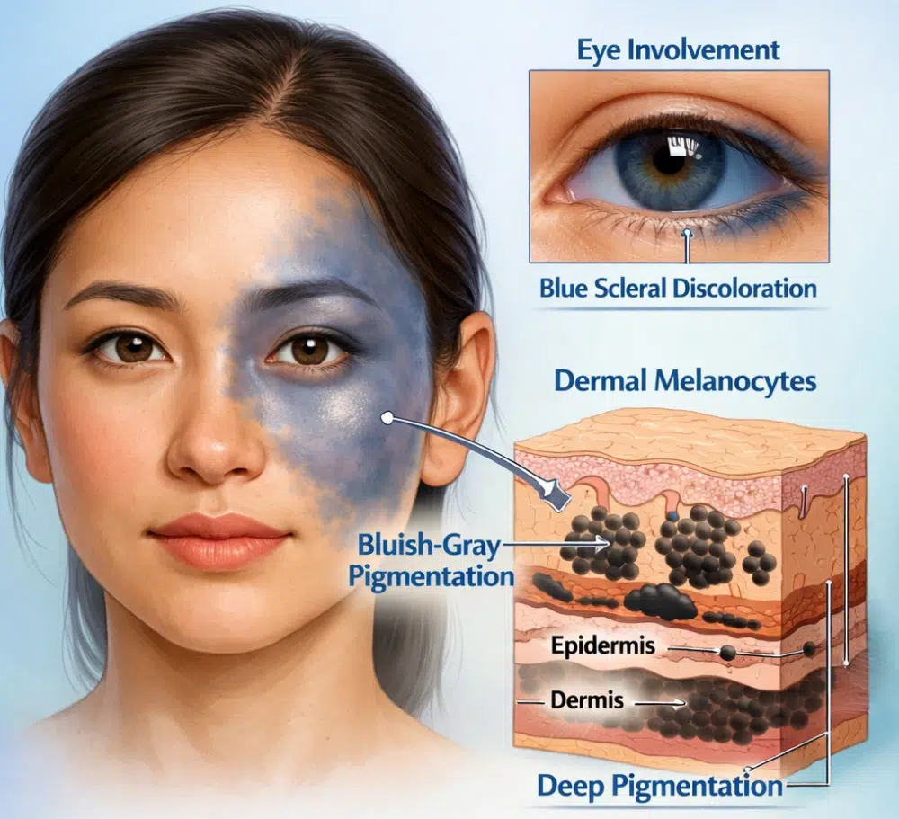 bluish-grey birthmark on the eye and face, Naevus of Ota.