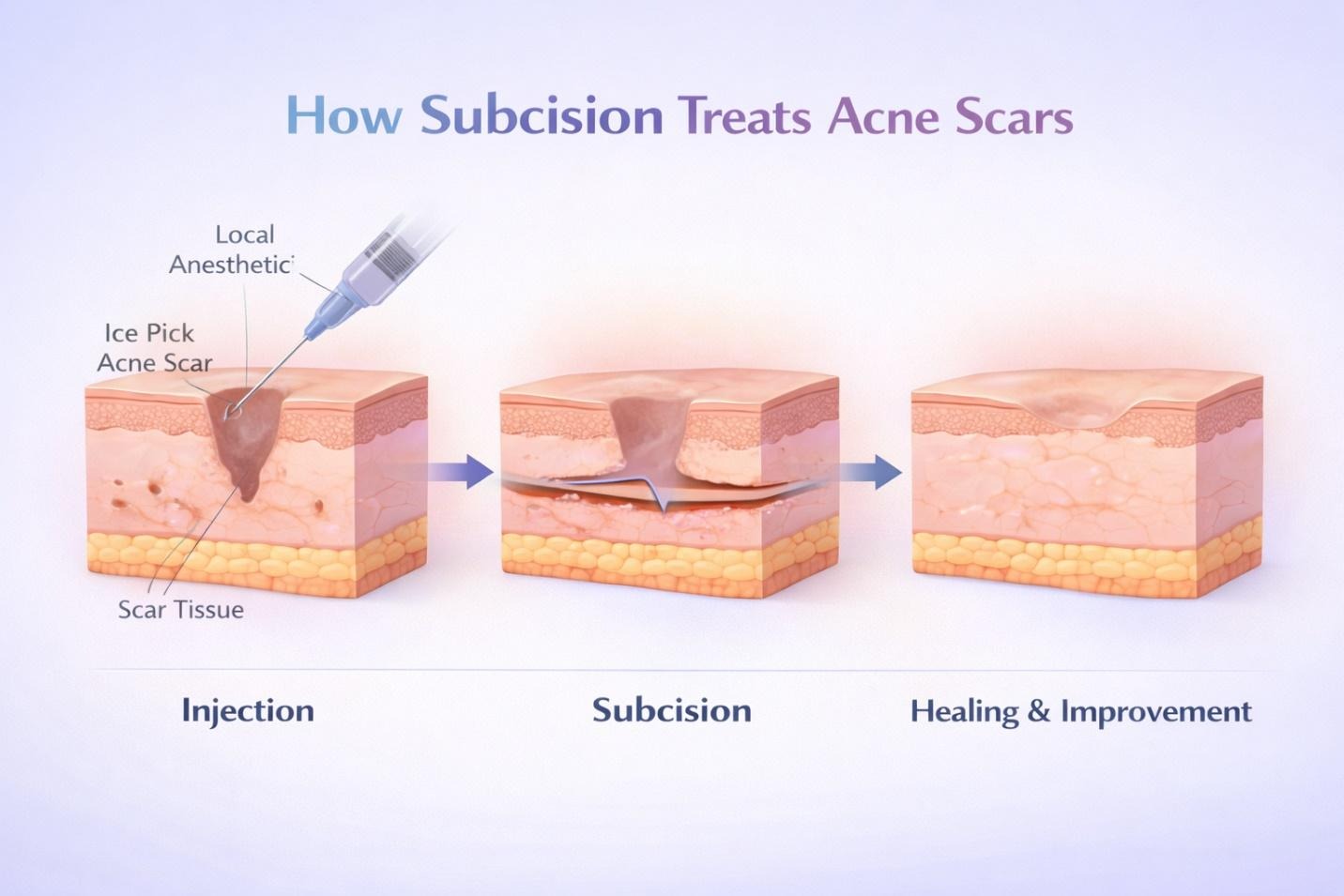 subcision uses a fine needle to lift depressed acne scars and improve skin texture.