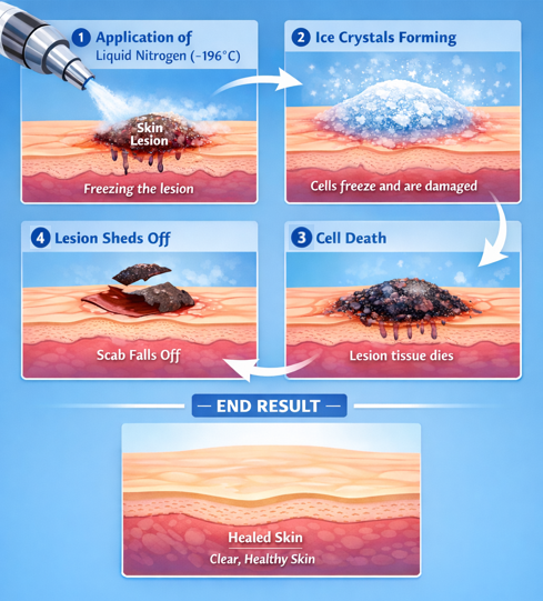 cyotherapy removes skin lesions, warts and growths.